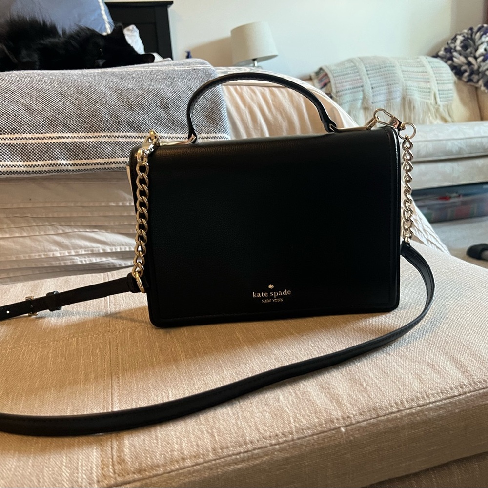 kate spade Black Leather Top-Handle Crossbody with Gold Chain